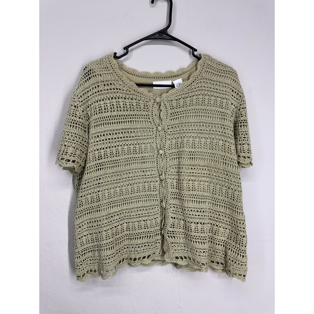 100% Ramie Cotton Twin Set Women LARGE Green Crochet Knit Short Sleeve Button